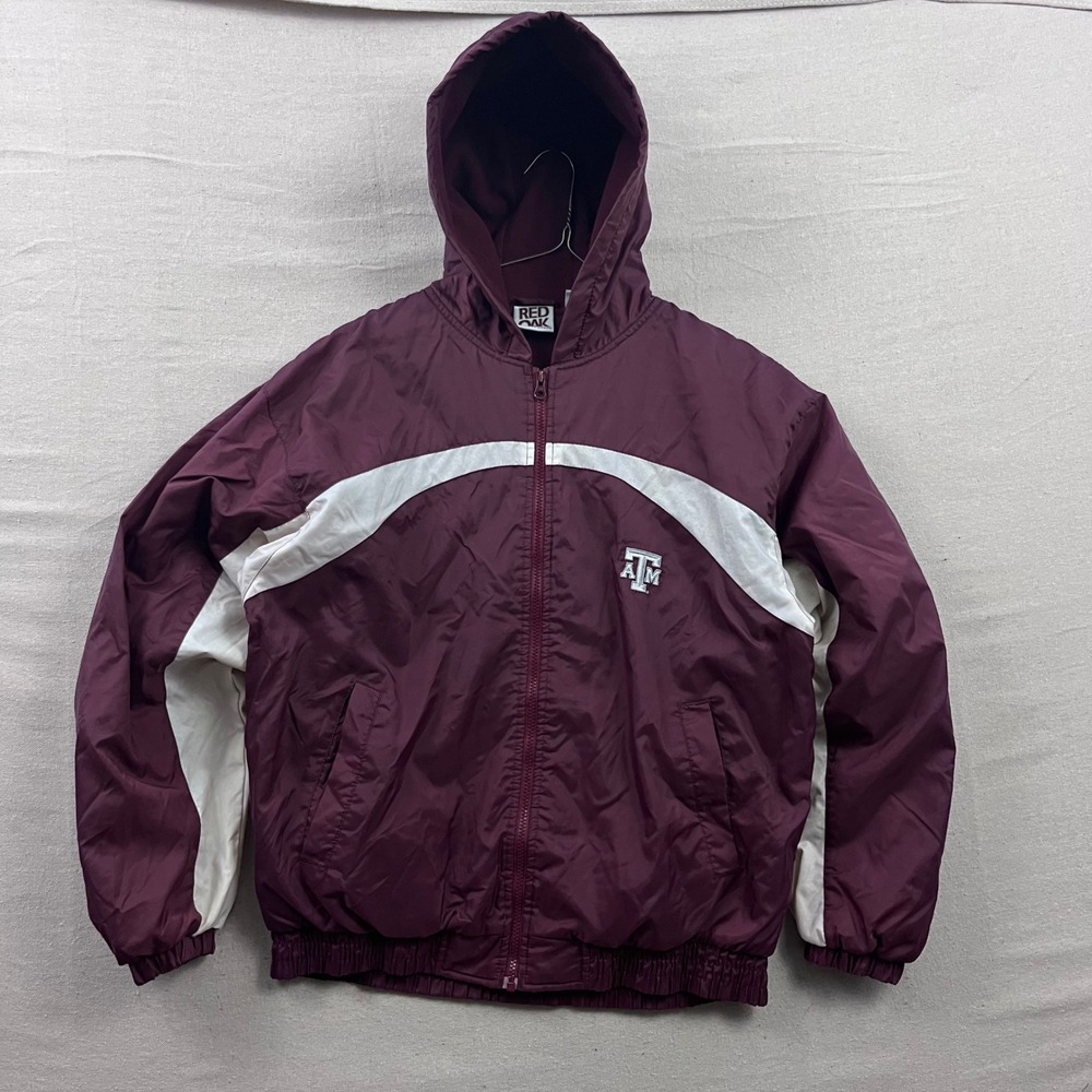 Red Oak Texas A&M Aggies Hooded Jacket Mens‎ Medium Maroon Fleece Lined Zip Up